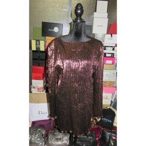 Evan Picone Chevron plissé  Metallic Copper Long Sleeve Sequin Evening Blouse 8